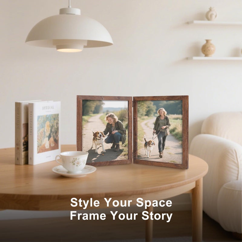 Forev 8x10 Double Picture Frame Wooden Hinged Photo Frame Definition Glass Stand Vertically on Desktop or Tabletop Rustic Wood - Image 5